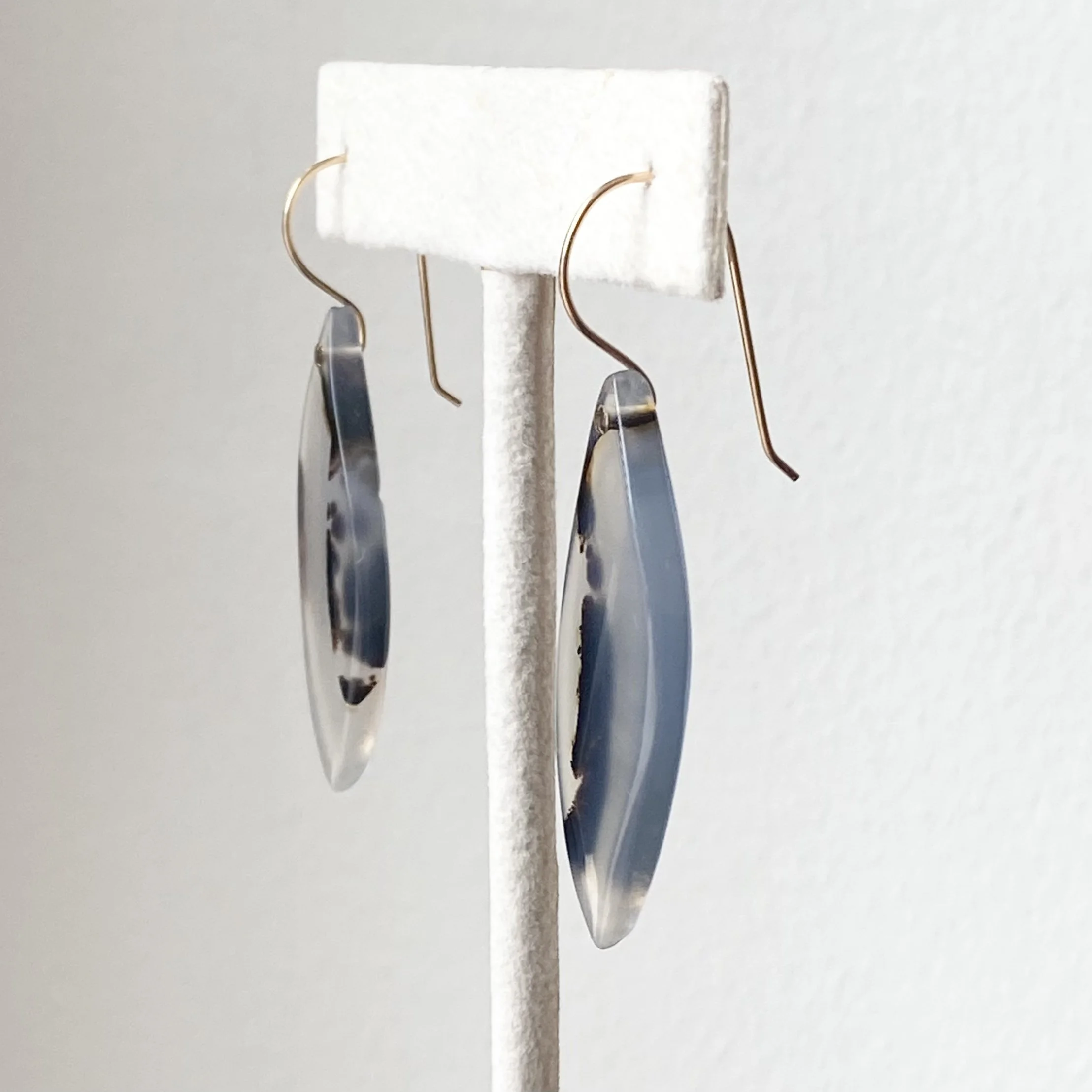 large marquise drop Montana agate earrings gold filed ear wires on stand side view Kim Drosdick jewellery Toronto