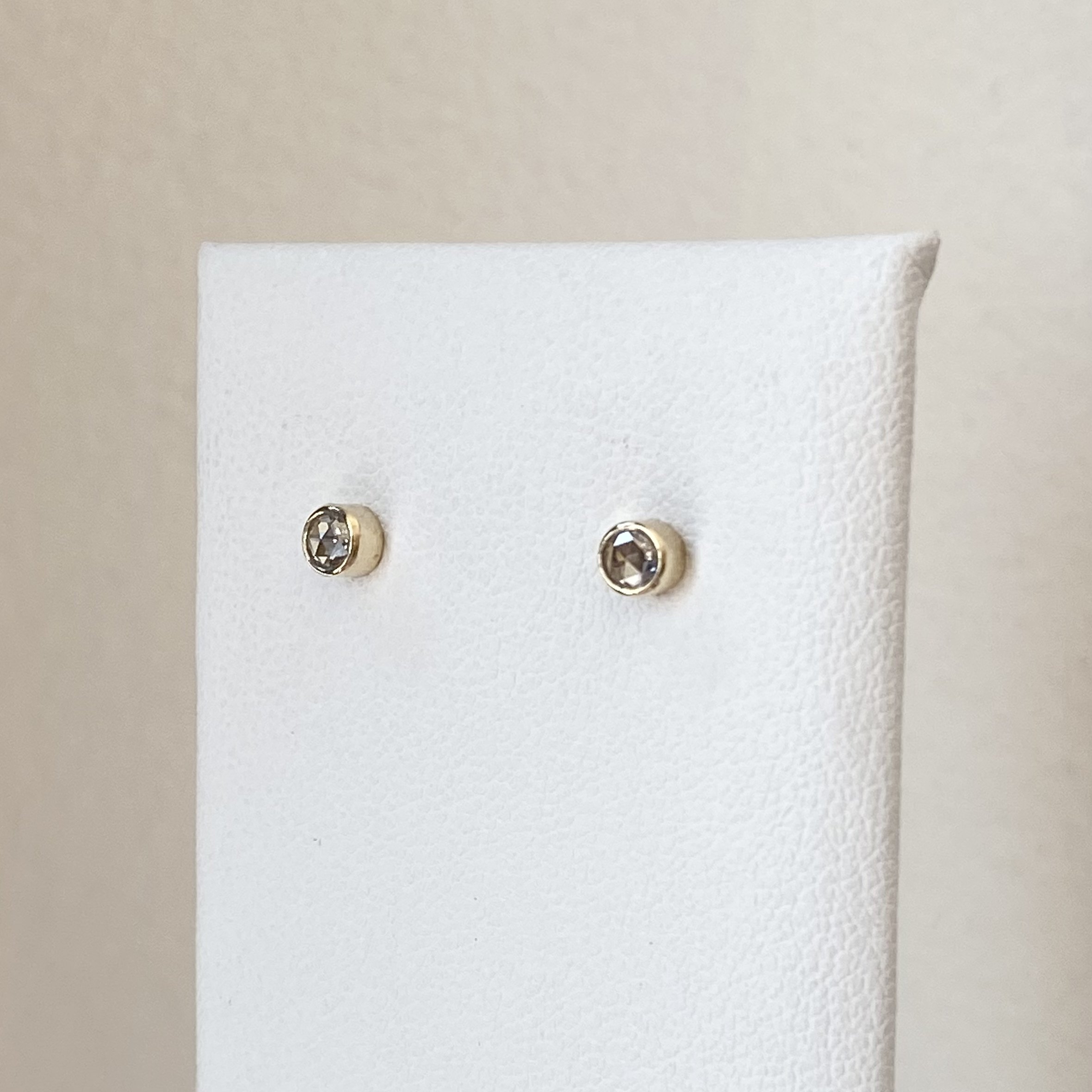 champagne diamond rose cut bezel stud earrings 14k yellow gold Kim Drosdick Toronto side view