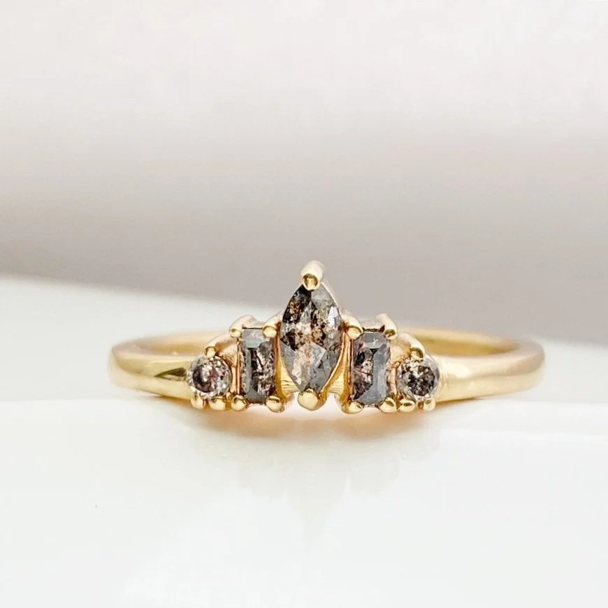 salt pepper diamond flush edge tiara wedding ring engagement ring 14k yellow recycled gold Kim Drosdick jewellery Toronto