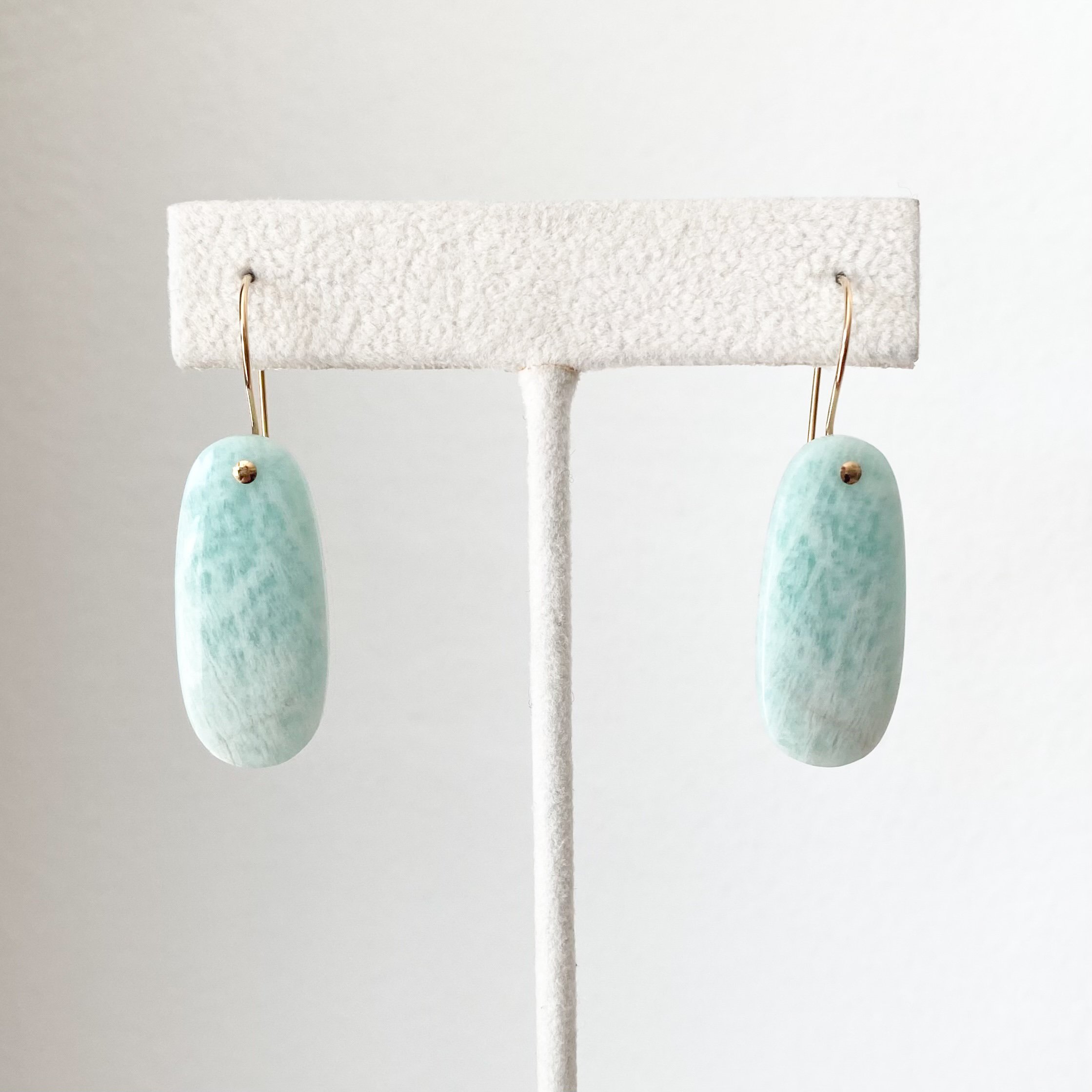 amazonite light blue oval one of a kind drop earrings dangly on earring stand Kim Drosdick Toronto