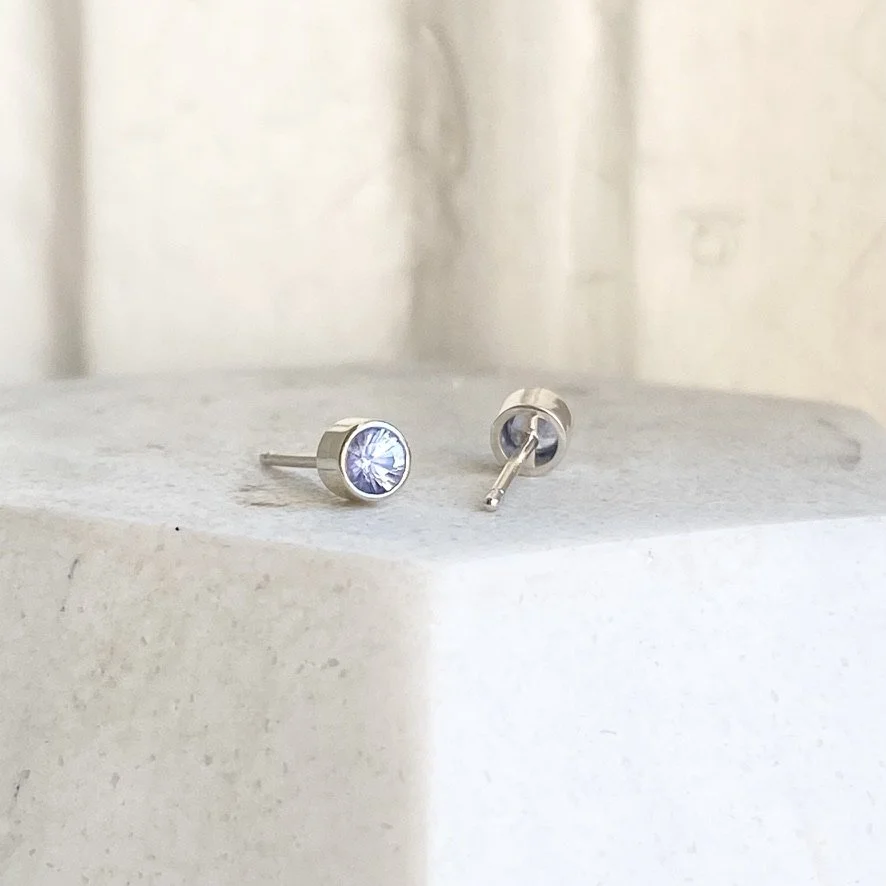 periwinkle blue sapphire studs bezel set made by Kim Drosdick Toronto Jeweller