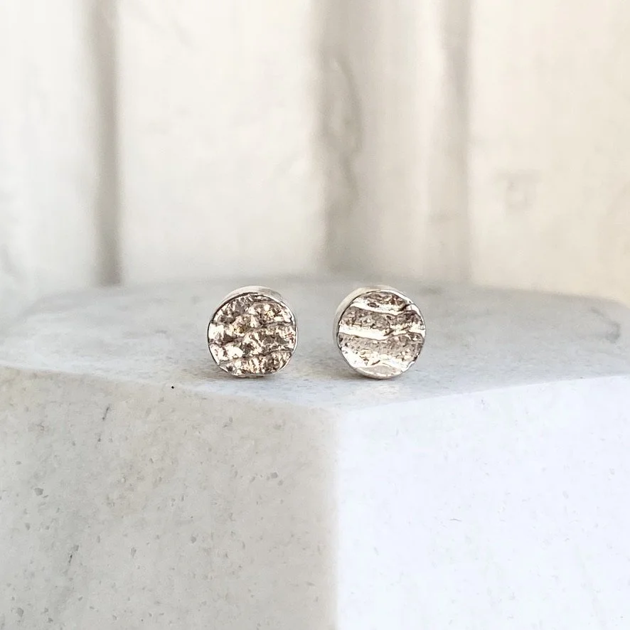 silver stud muffin earrings cuttlefish casting size small on stand Kim Drosdick Jewellery Toronto