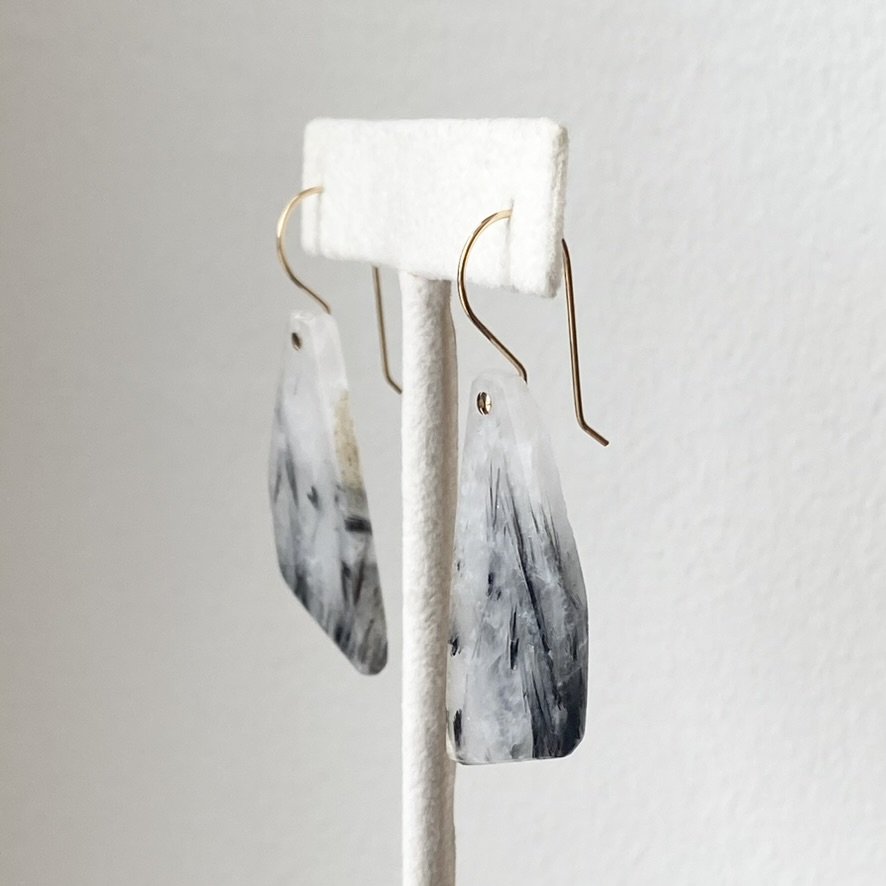 geometric icy tourmalinated quartz drop earrings one of a kind side view Kim Drosdick Toronto