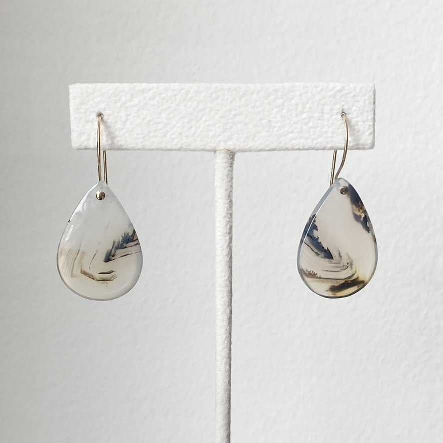 Montana agate teardrop shaped dangly earrings drilled gold filled wire Kim Drosdick Toronto