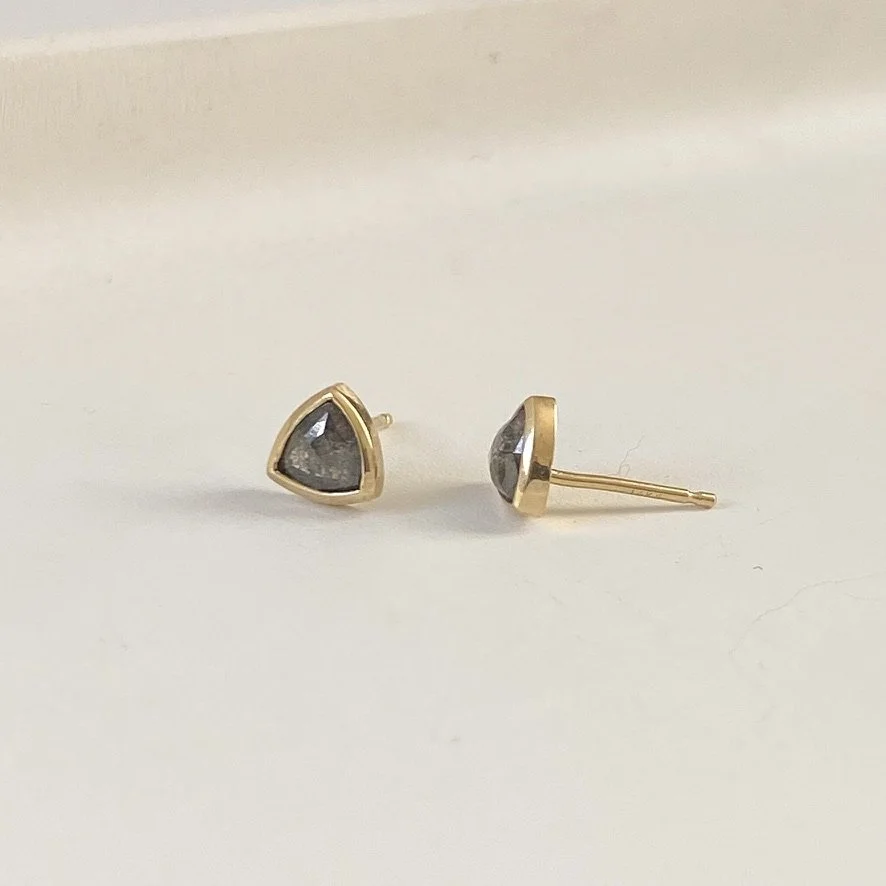 rose cut trillion salt and pepper diamond bezel stud earrings studs toronto Kim Drosdick Jewellery front and side view