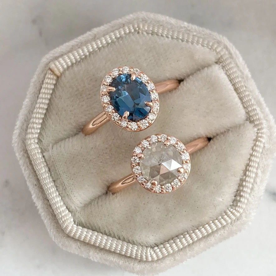 gorgeous oval blue spinel centre stone Canadian diamond halo engagement ring 14k rose gold with alternative salt and pepper diamond stone Kim Drosdick Jewellery