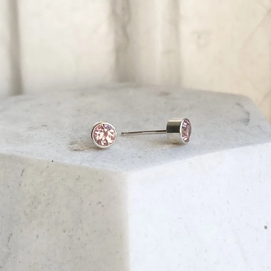 pink tourmaline bezel stud earrings sterling silver made by Kim Drosdick in Toronto