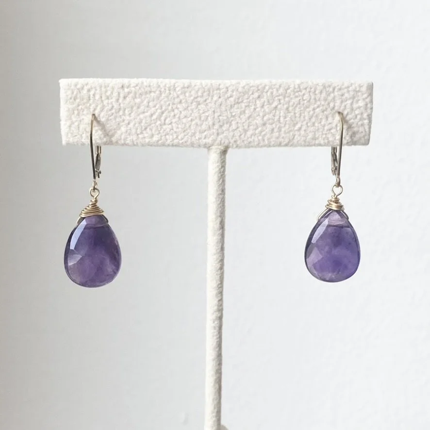 amethyst leverback teardrop earrings with gold filled findings on stand