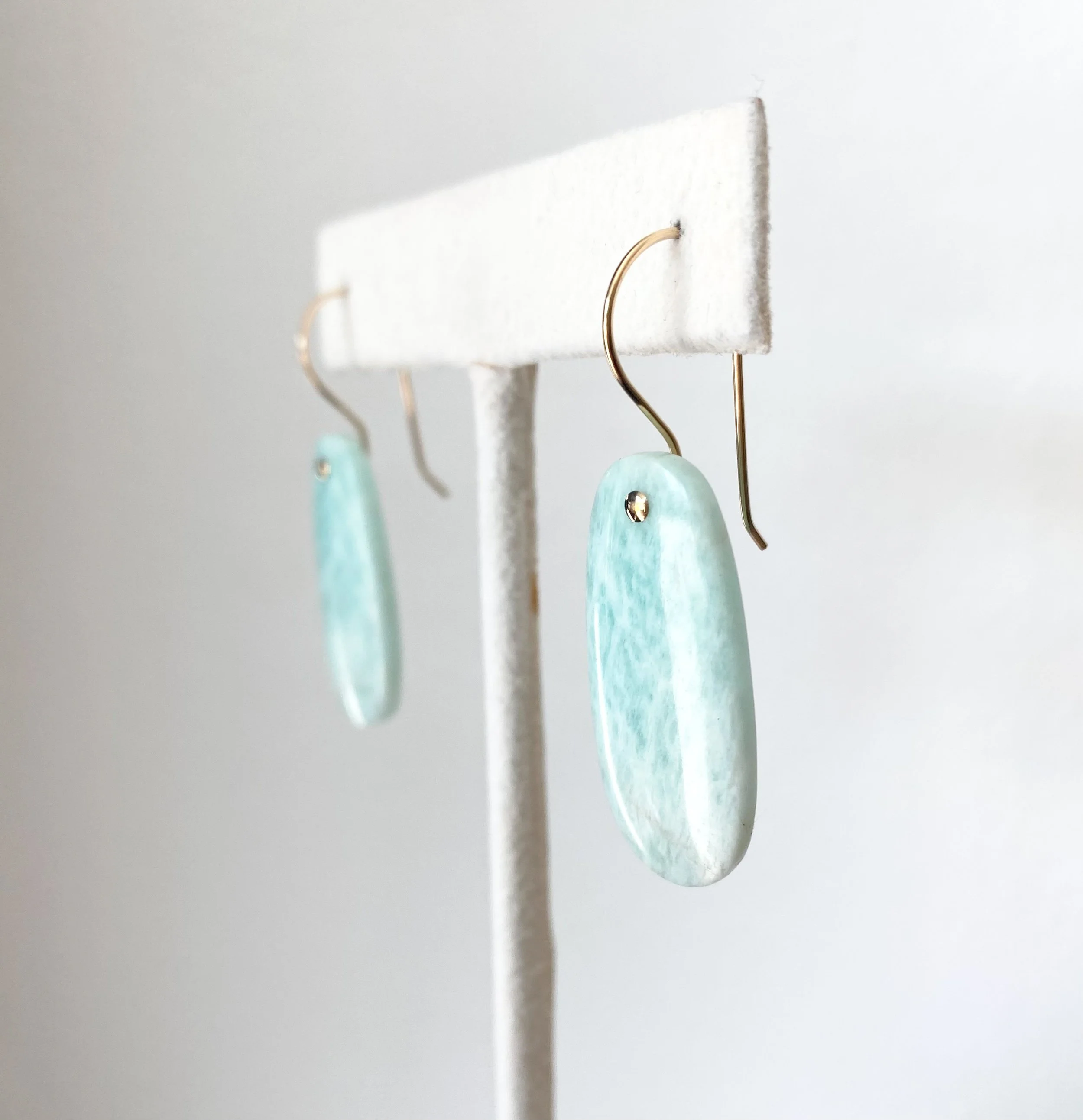 amazonite light blue oval one of a kind drop earrings dangly on earring stand side view Kim Drosdick Toronto