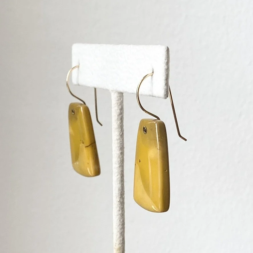 mustard yellow drop earrings retro mookaite gold filled Kim Drosdick Toronto side view