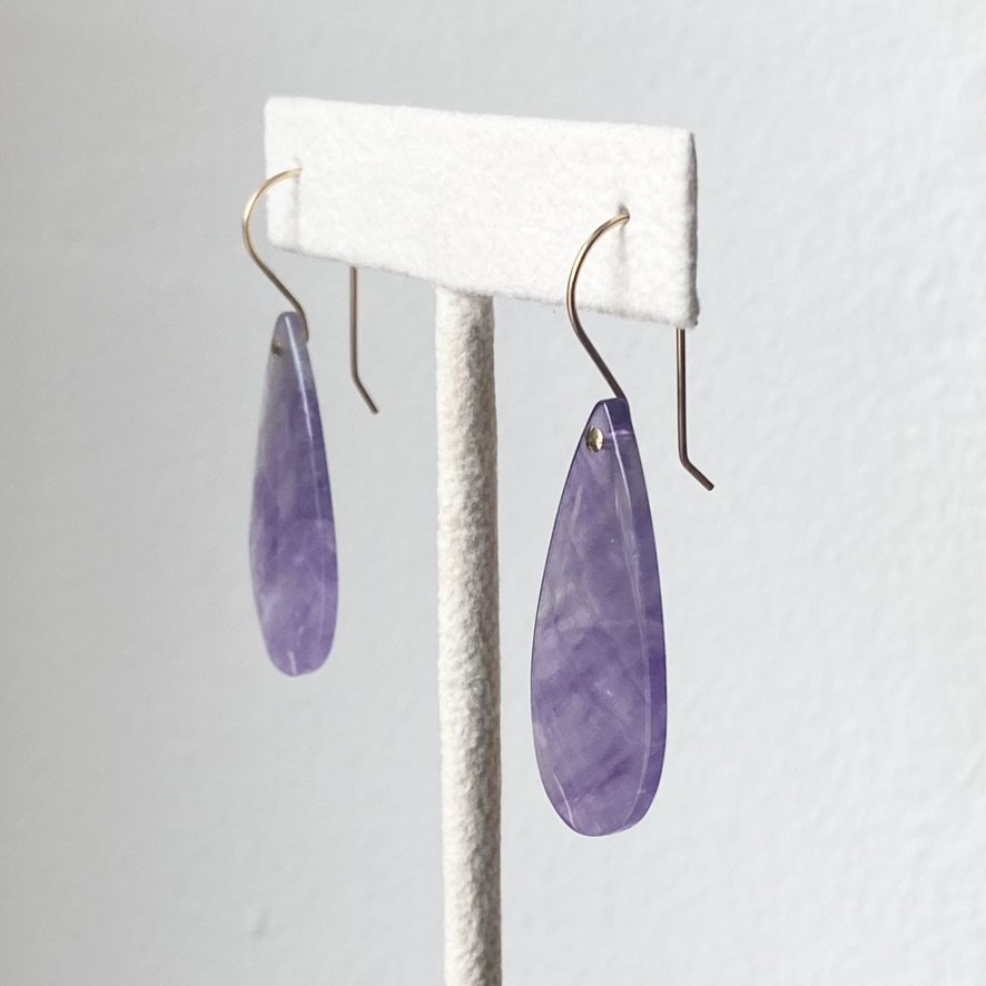 elongated amethyst teardrop dangly earrings gold filled findings Kim Drosdick Toronto side view
