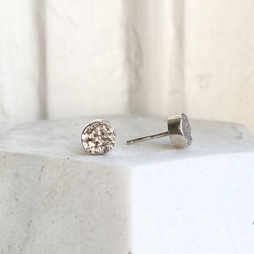 silver stud muffin earrings cuttlefish casting size small on stand Kim Drosdick Jewellery Toronto