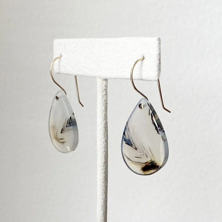 Montana agate teardrop shaped dangly earrings drilled gold filled wire Kim Drosdick Toronto