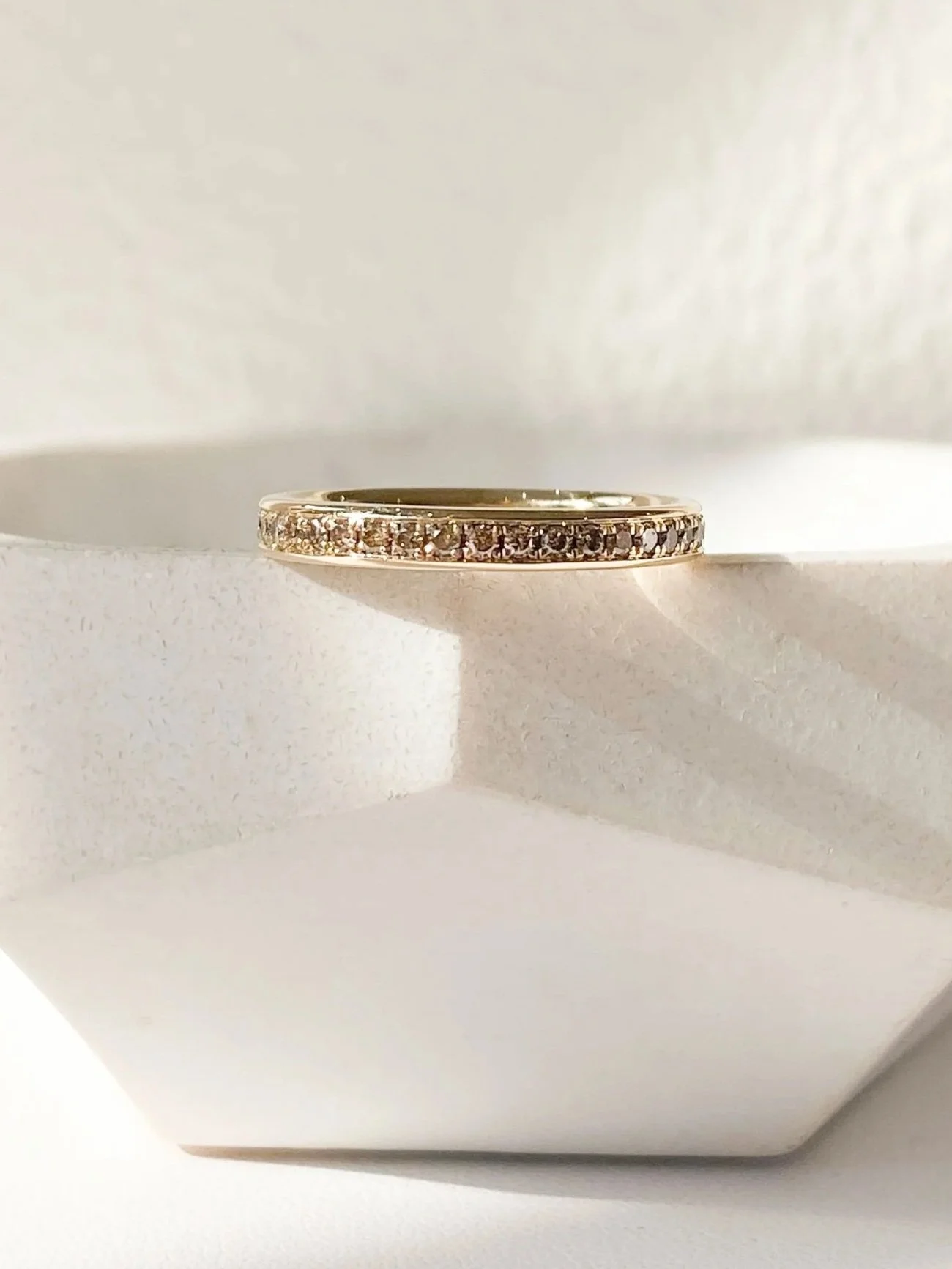yellow gold wedding ring pave set with champagne diamonds Kim Drosdick Jewellery Toronto