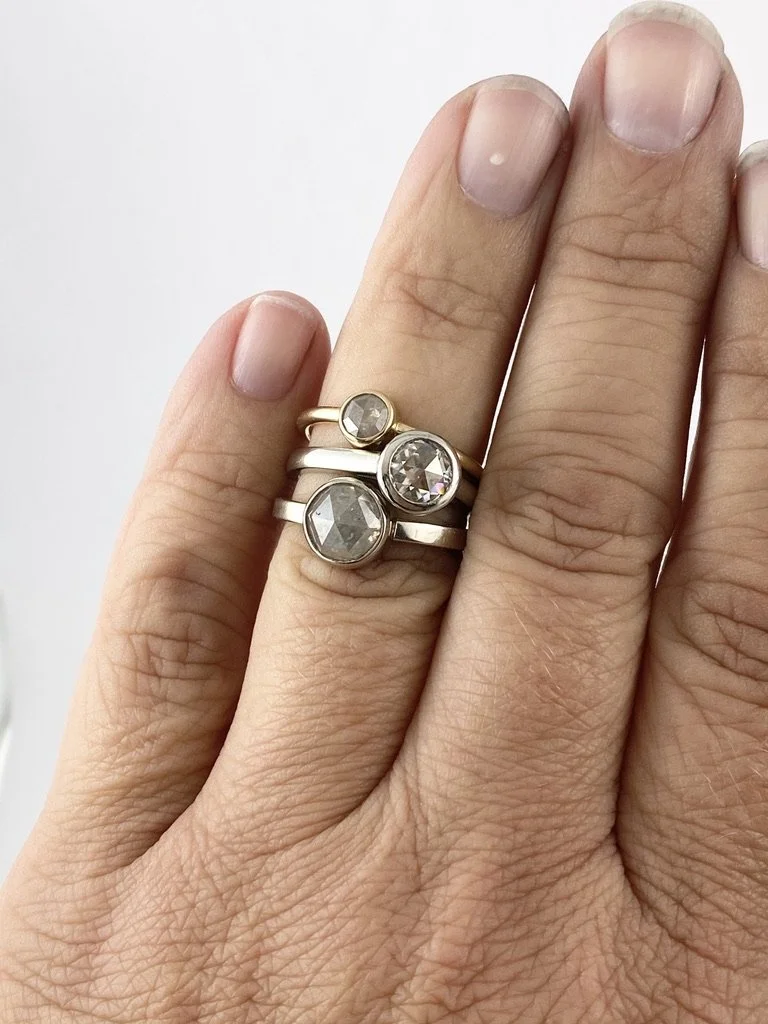 rose cut moissanite bezel set engagement ring solitaire Kim Drosdick Jewellery Toronto recycled gold on hand ring stack top view