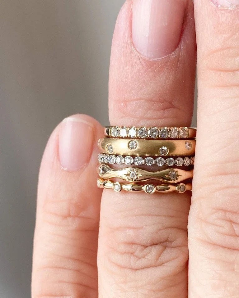 lab grown diamond french pave wedding band recycled 14k yellow gold in stack