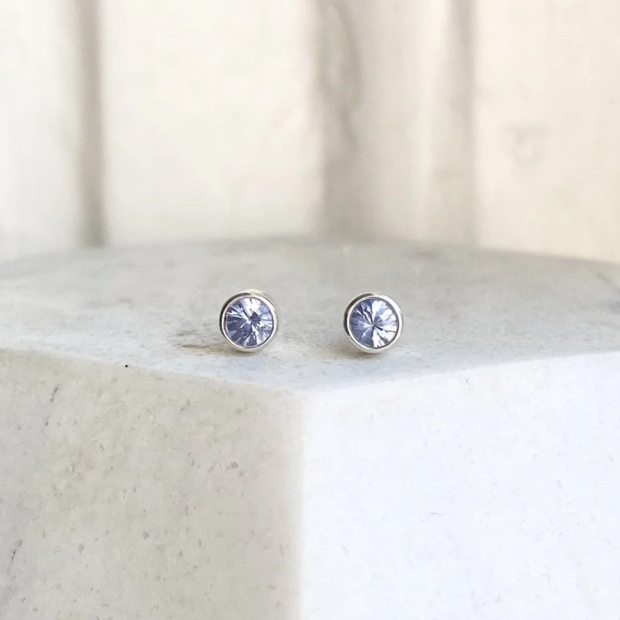 periwinkle blue sapphire studs bezel set made by Kim Drosdick Toronto Jeweller