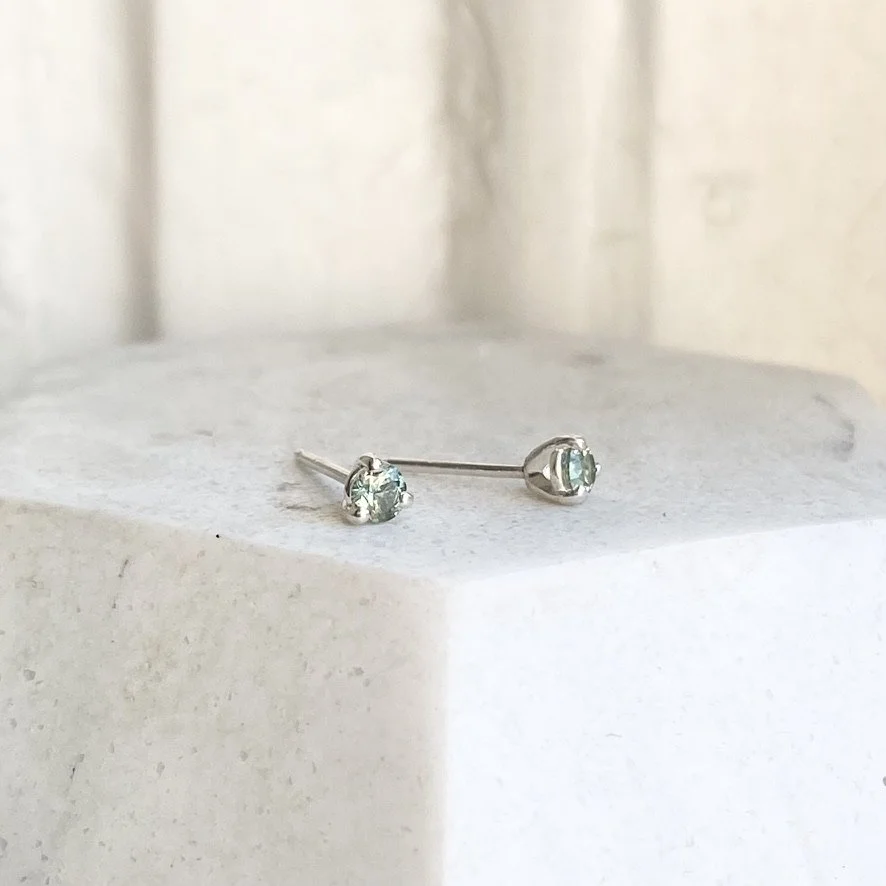 minty sapphire martini stud on display made by Kim Drosdick in Toronto side view