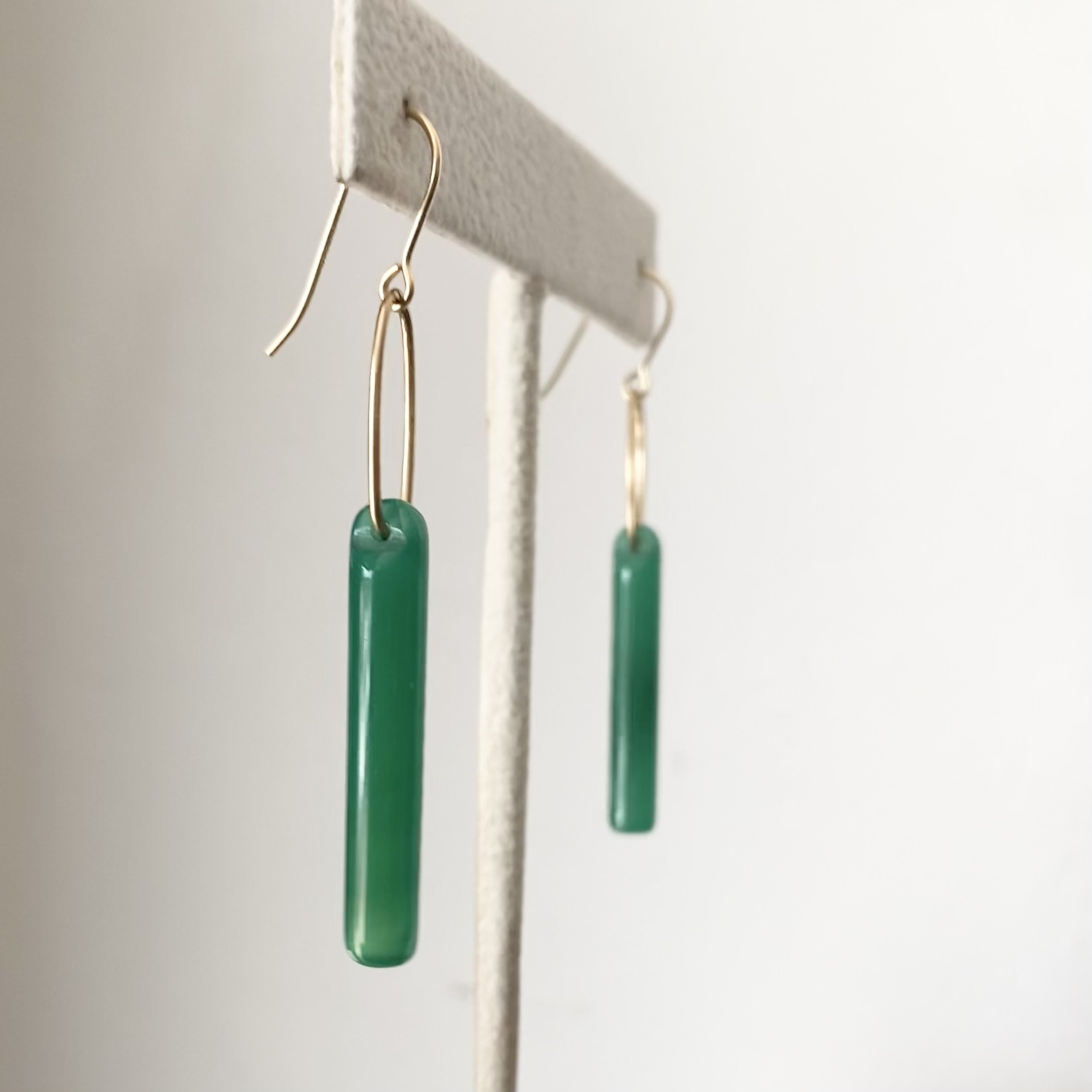 long green onyx drop earrings oval hoop smooth earrings gold filled on stand