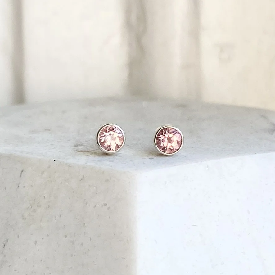 pink tourmaline bezel stud earrings sterling silver made by Kim Drosdick in Toronto
