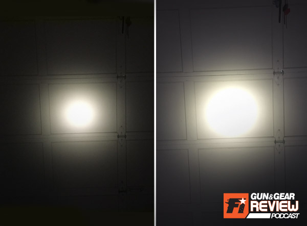 Shown on the left is the 15 lumen low setting, and the 320 lumen high setting on the right.