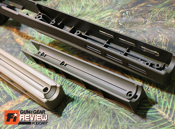 Remove the tray by gently prying from the action area, or pushing up from the MLOK slots.