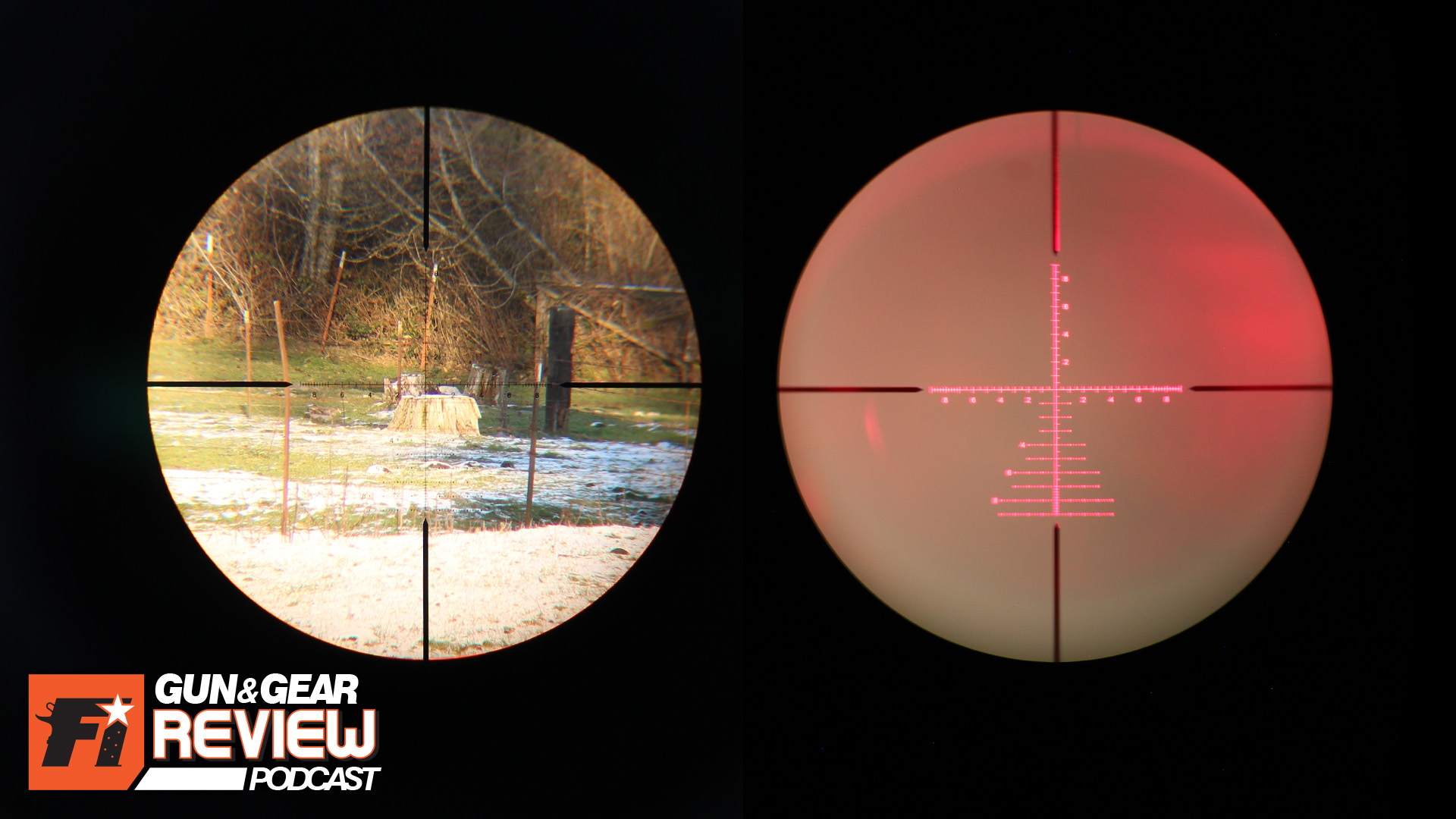 The lowest magnification setting, 8x power on a 200 yard stump (left) and illuminated (right)