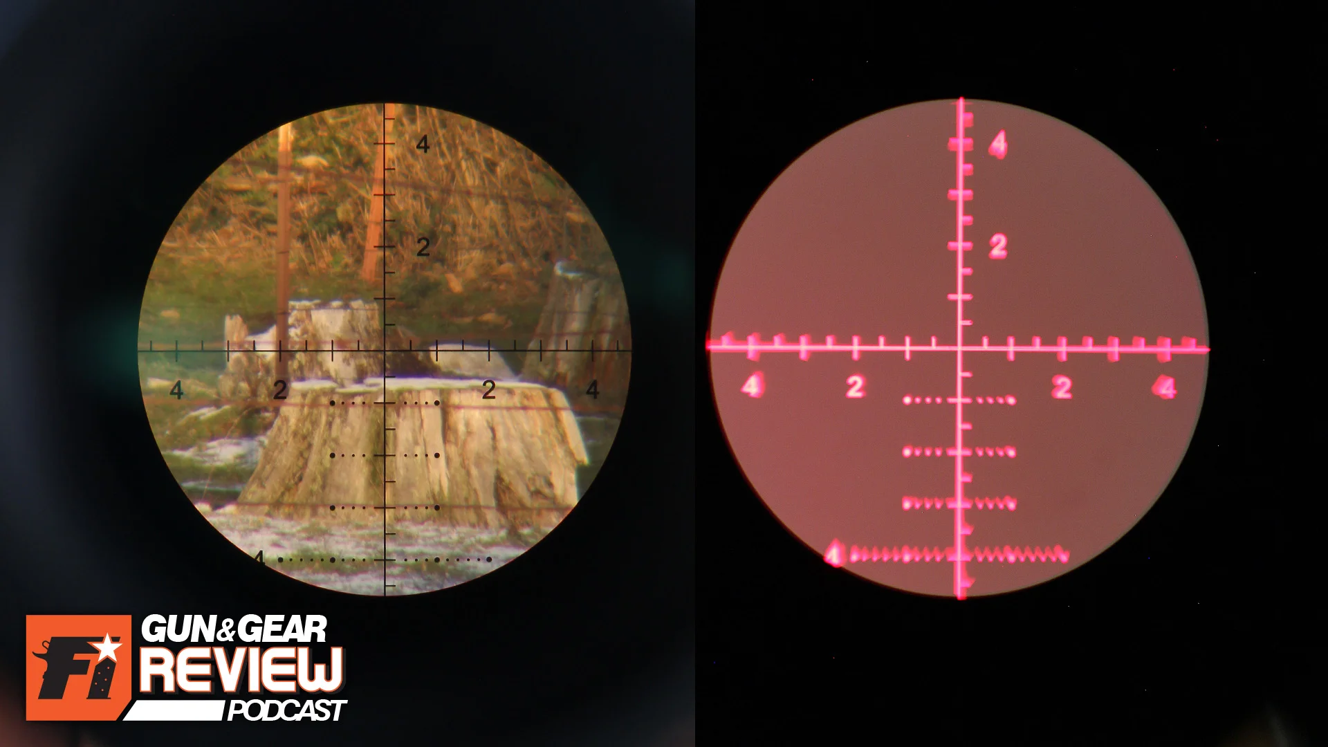 34x power on a 200 yard stump (left) and illuminated (right). The First Focal Plane causes the reticle to crop in to 9 MILS across.