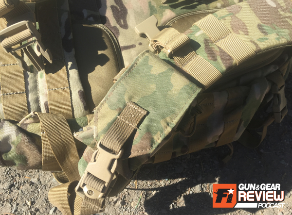 The MOLLE loops on the shoulder pads allow for customization of pouches that can be accessed on the go while strapped into the RUSH. I used this radio pouch to hold my cell phone.