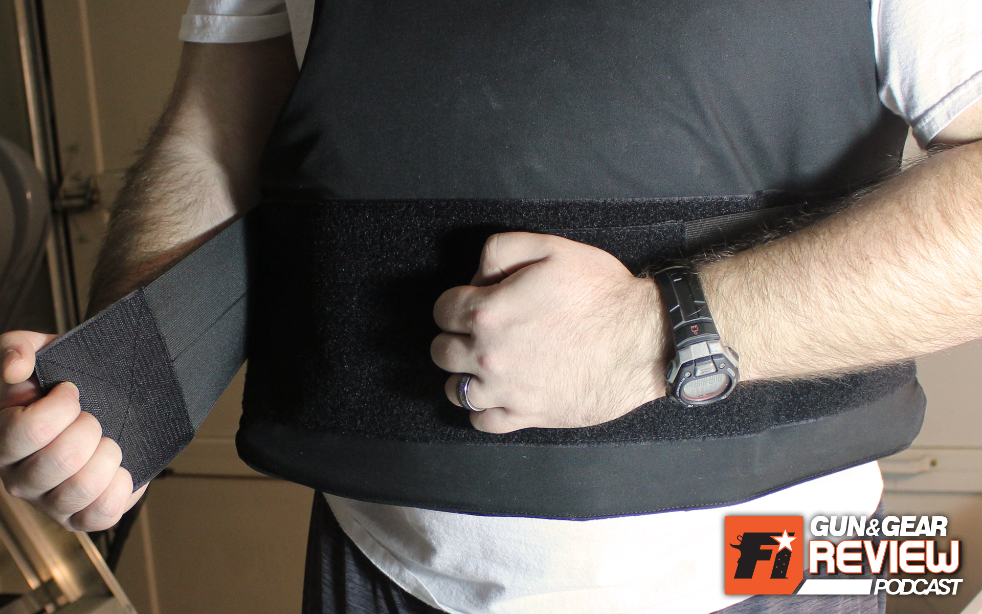 The vest easily adjusts for different torso sizes via elastic waistbands with hook and loop fasteners.