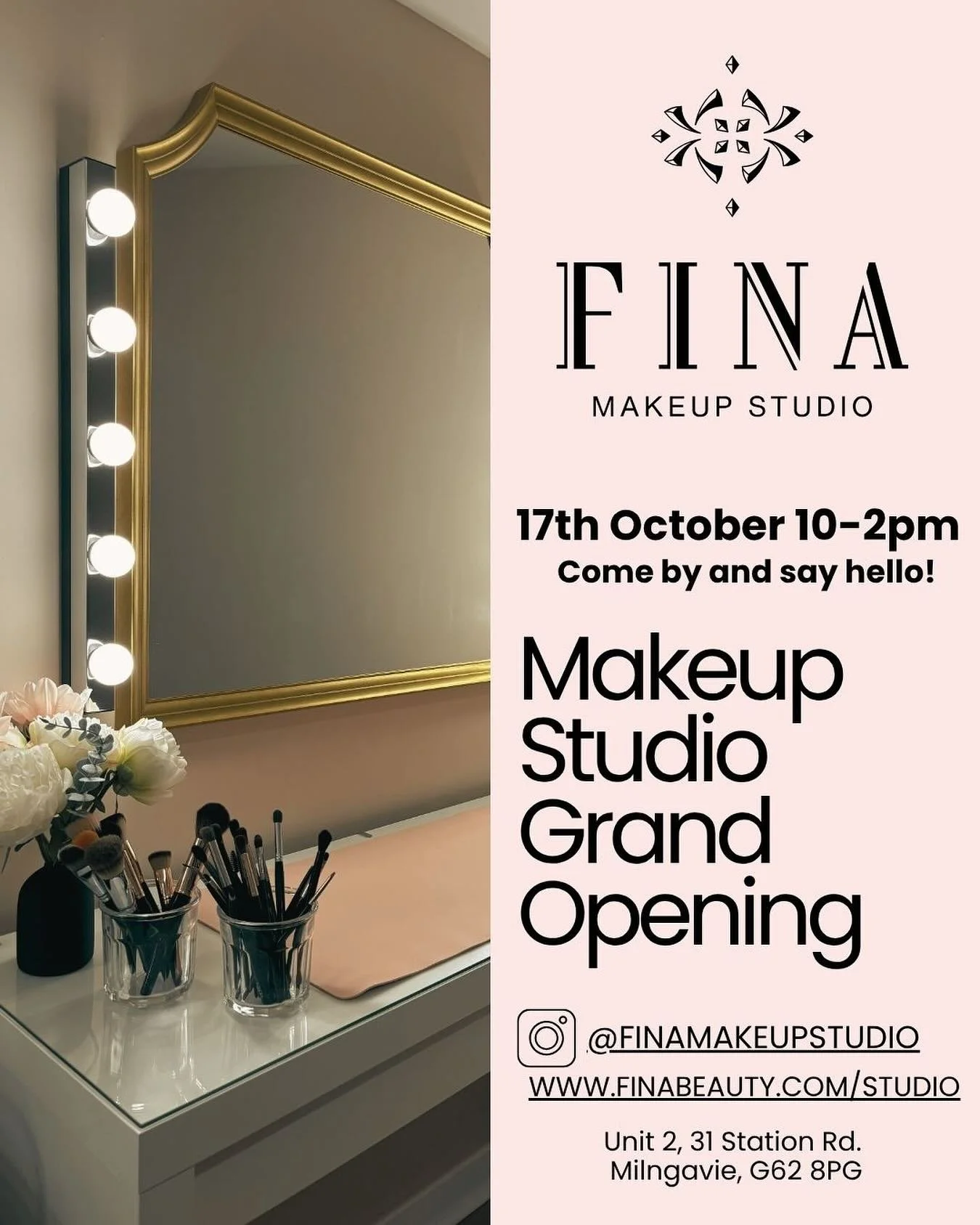 I am thrilled to announce the Grand Opening of my new FINA Makeup Studio — a space created to celebrate beauty, artistry, and confidence. 💋
Join me for an Open Studio Day on Friday October 17th from 10 – 2pm 
Come visit the studio, conn