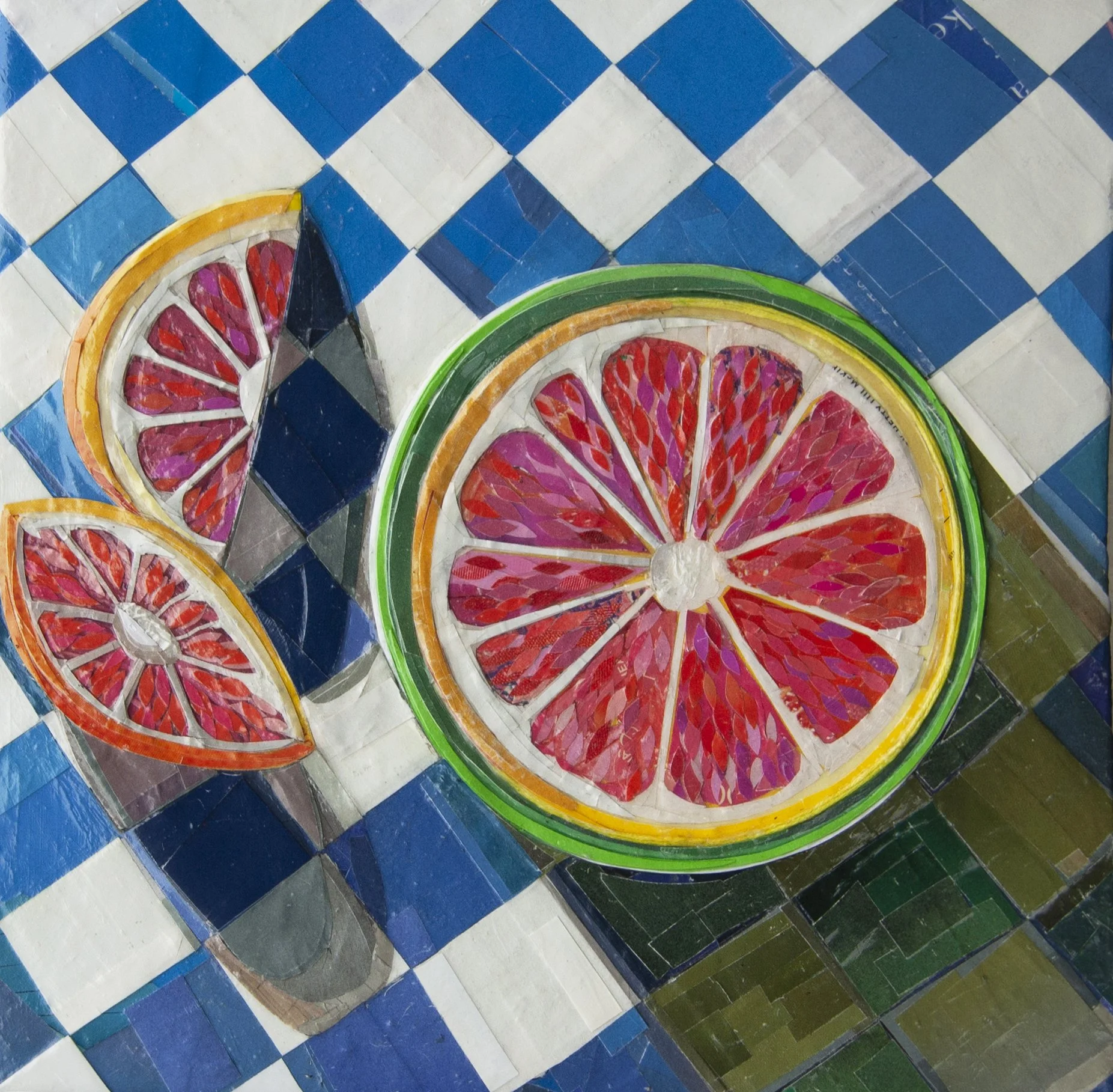 Collage created by magazines, image of grapefruit in green bowl from above