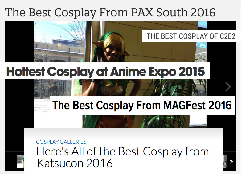 A collage of headlines from various media outlets' coverage of cosplay.