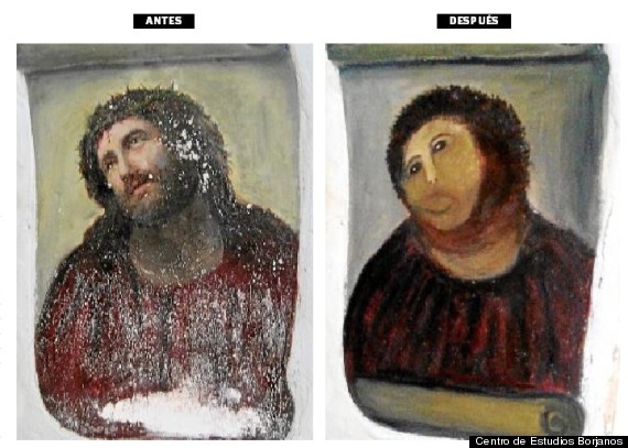 Dedicating this picture of the botched up repair work of Martinez's 19th century fresco in Santuario de Misericordia to all those people who keep messing with Biblical gender language. Stop it, please. Thanks.