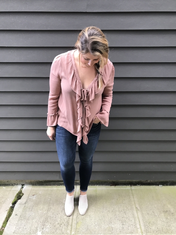 shop // ruffle top + jeans + mule booties