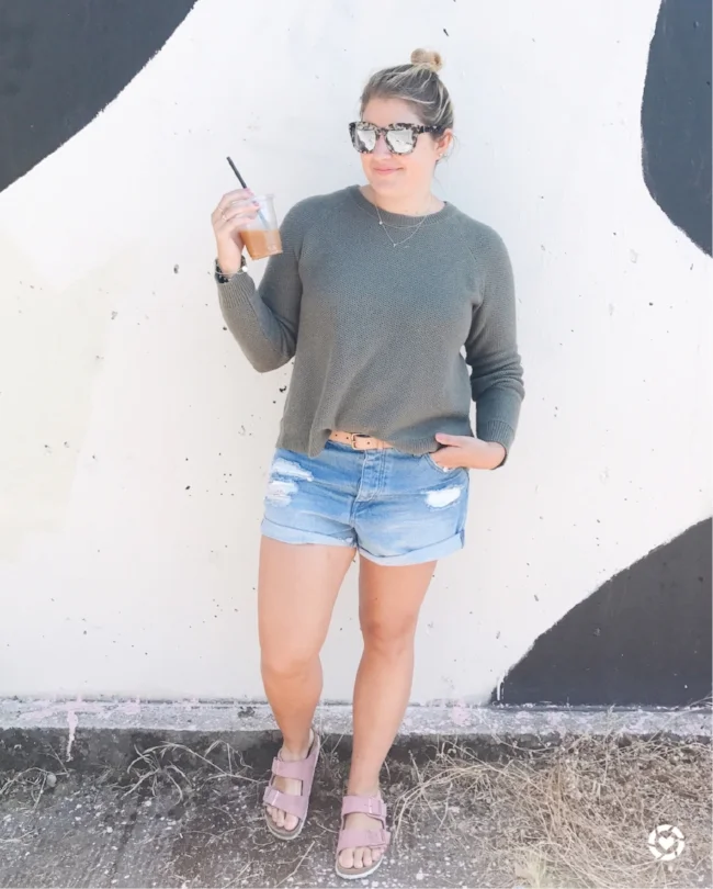 sweater // cross-back pullover sweater {comes in 5 colors!}; shorts // rolled denim shorts ; belt // southwestern stitch belt ; sandals // sold out, similar birkenstocks 