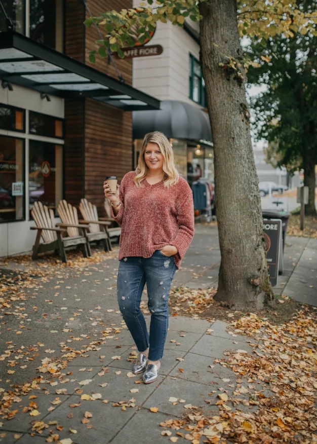 This sweater is from Zara , but I linked a ton more options above; jeans run really big so order 1-2 sizes down; metallic flats are on major sale and come in other colors - snag them before they are sold out! 
