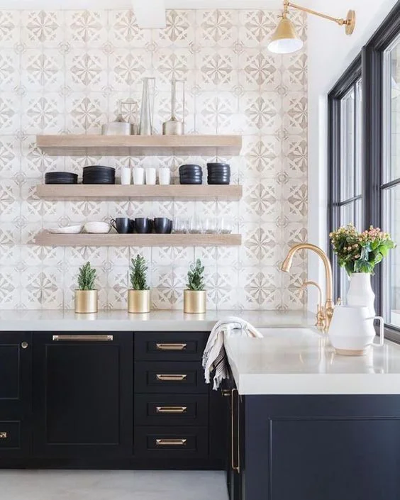 This was my inspiration for the printed tile with floating shelves. Our shelves are almost this exact color! Image found on Pinterest via Becki Owens.