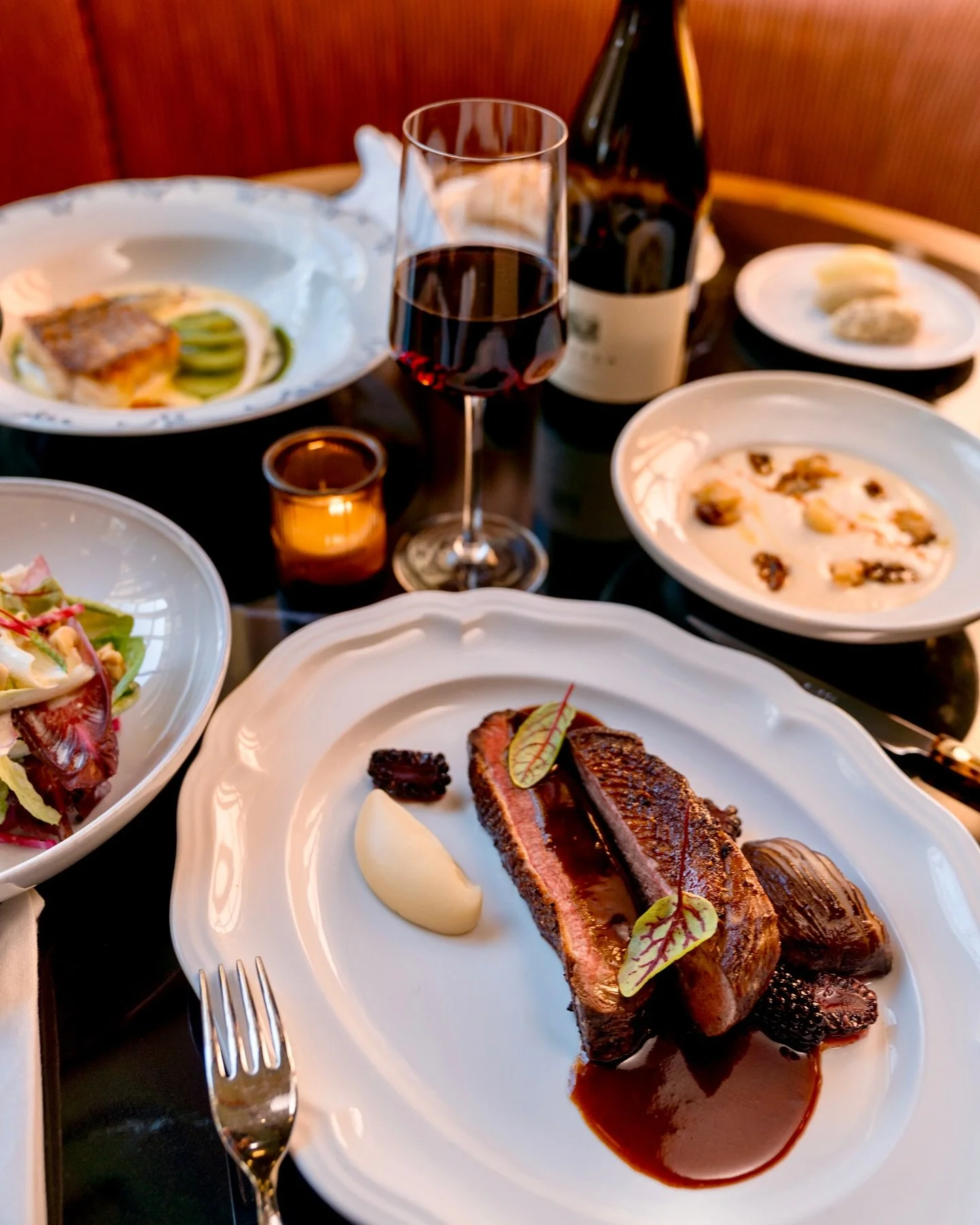 CRISPY DUCK ~ Spiced honey glazed Moulard duck breast, brown butter parsnip puree, port wine au jus