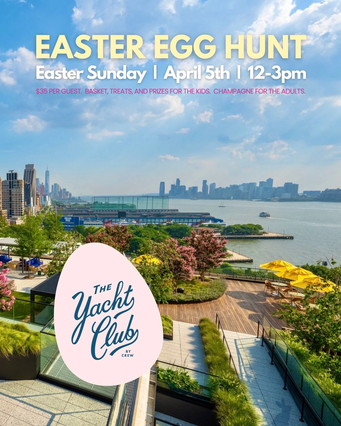 Join us Easter Sunday at The Yacht Club for a spectacular Easter Egg Hunt in our rooftop gardens.

Celebrate the season with an unforgettable afternoon of family fun, fresh air, and sweeping waterfront views. Kids can explore our beautifully landscap