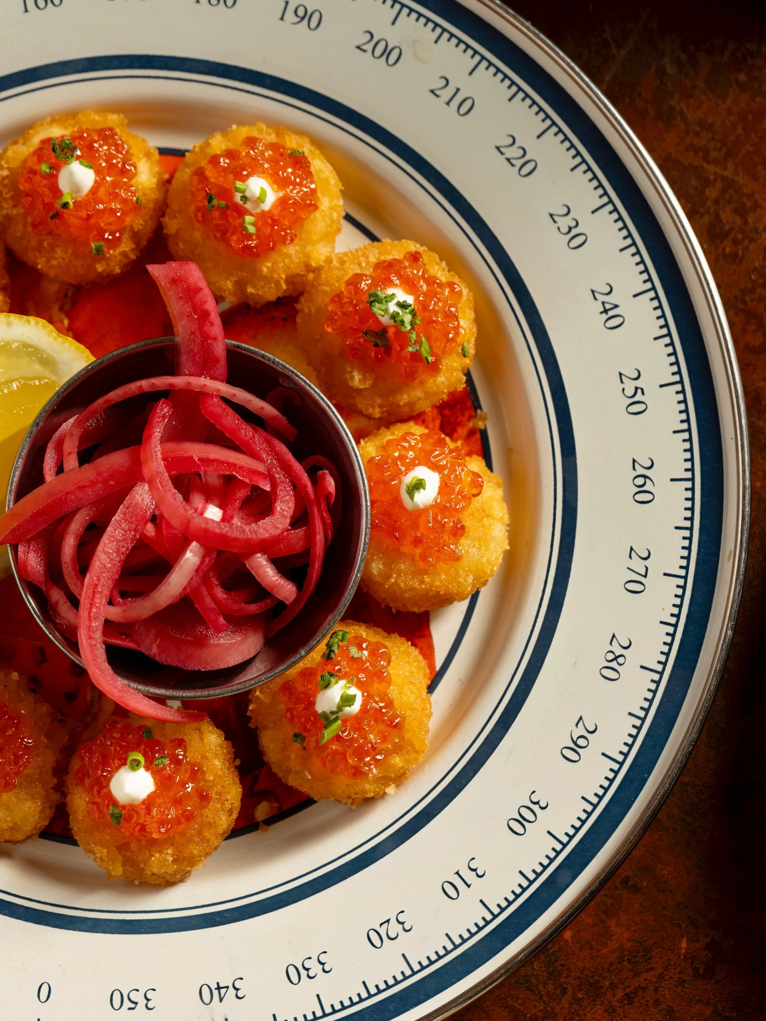 Yacht Tots ~ smoked trout roe, tater tots, cr&egrave;me fra&icirc;che, chives.