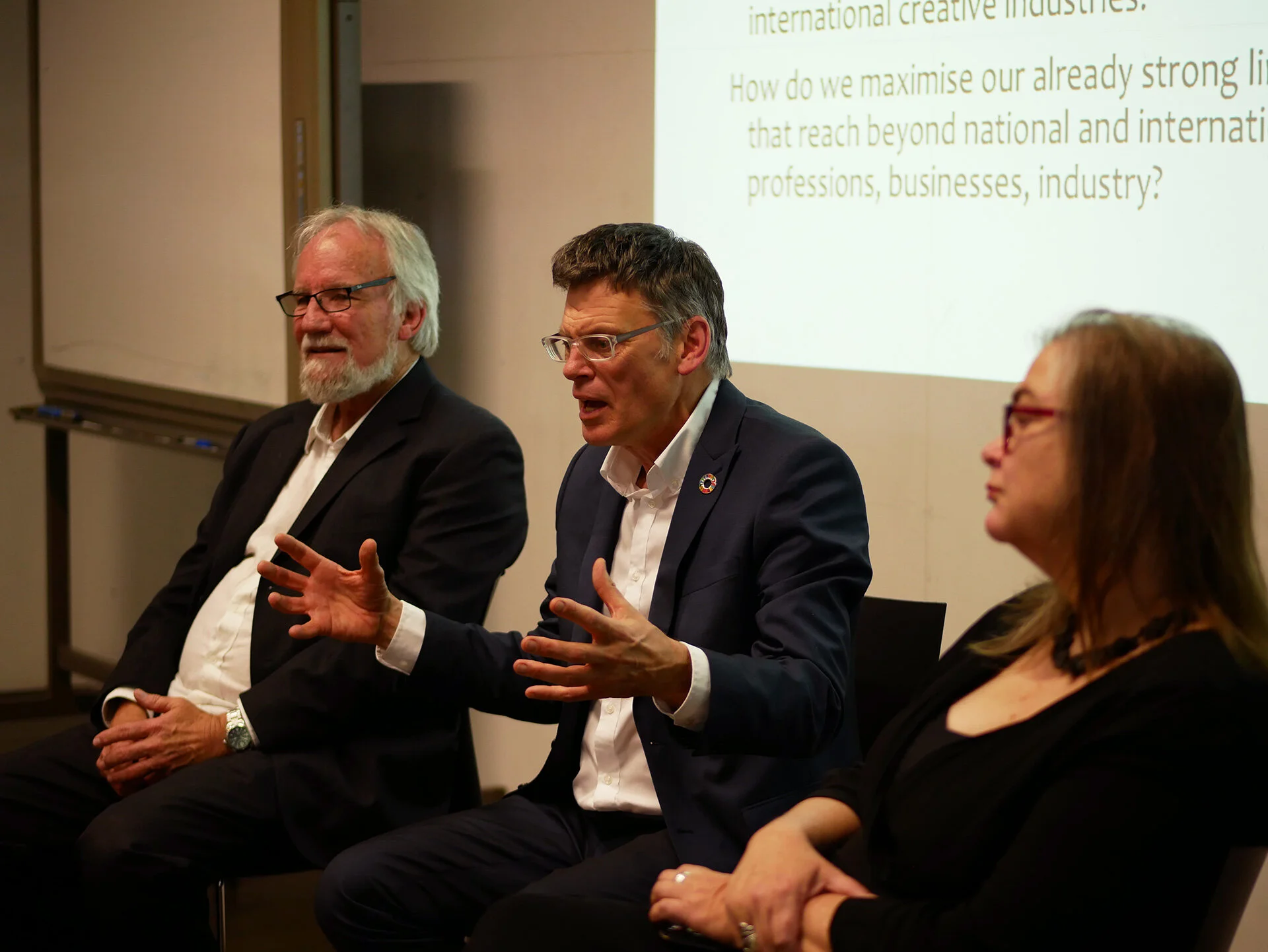 Professors Gough and Woodrow field questions alongside Professor Cat Hope.