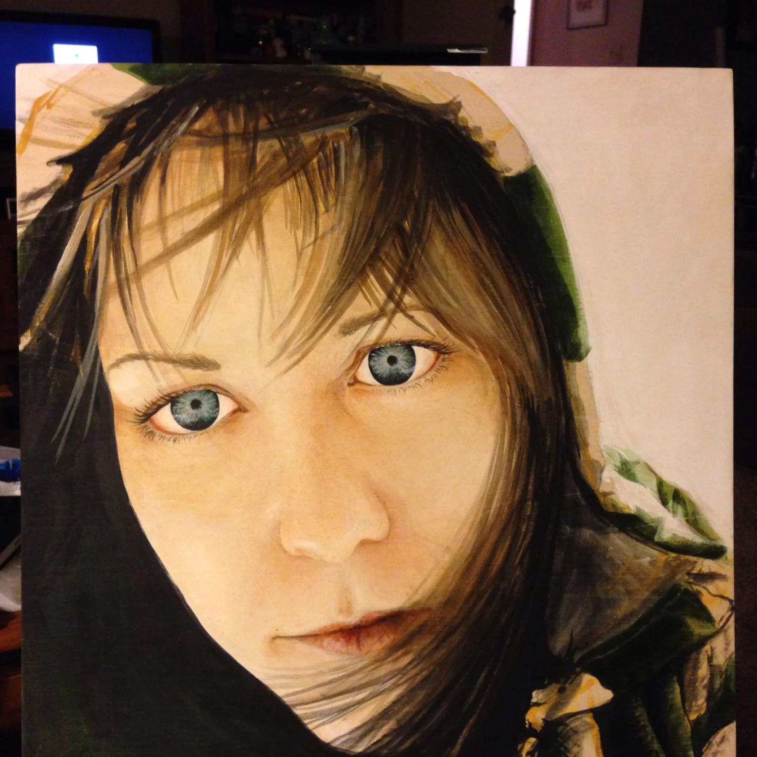 Adding the hair makes a big difference in taking down the creepy factor of this painting...