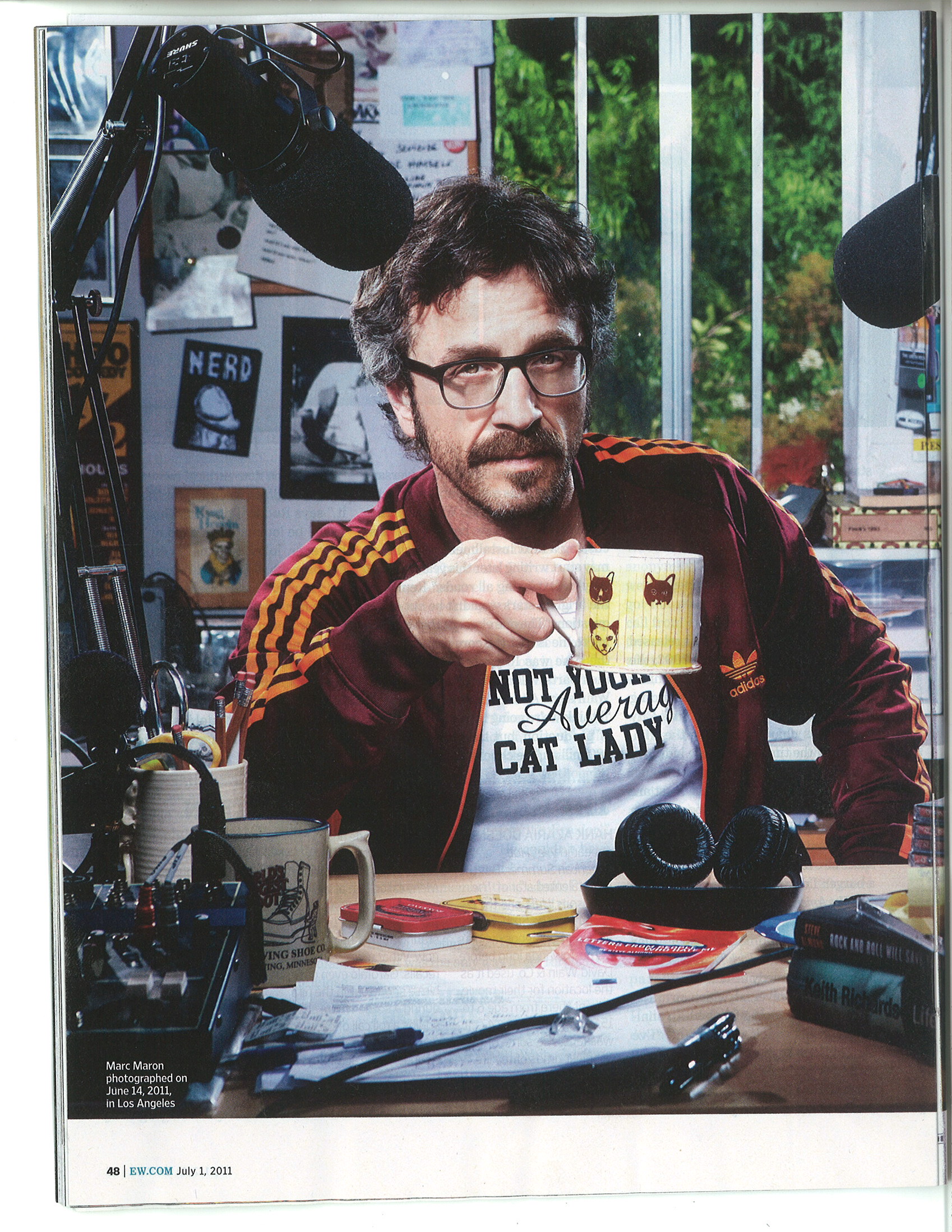 Marc Maron with Brian R. Jones' first WTF cat themed mug given to the comedian as a gift in 2011.