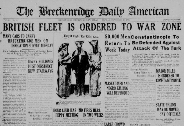 Primera página del The Breckenridge Daily American en la que aparece la noticia «Ellos combaten al Ku Klux Klan»