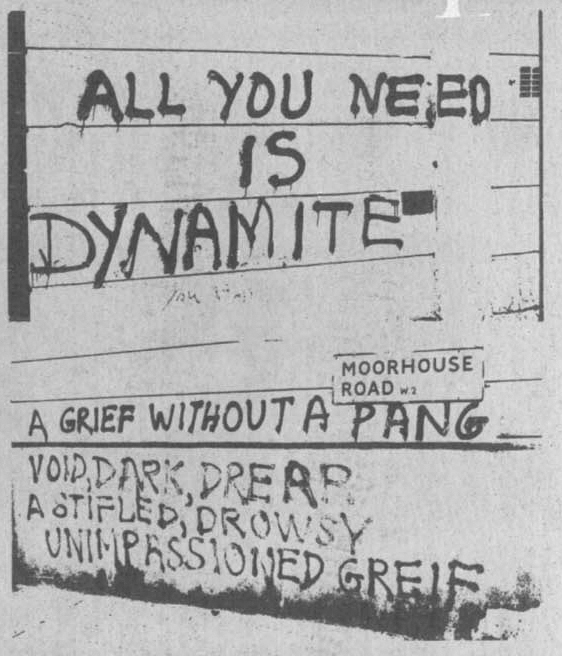 Pintadas de King Mob. Arriba, puede leerse: «All you need is dynamite»
