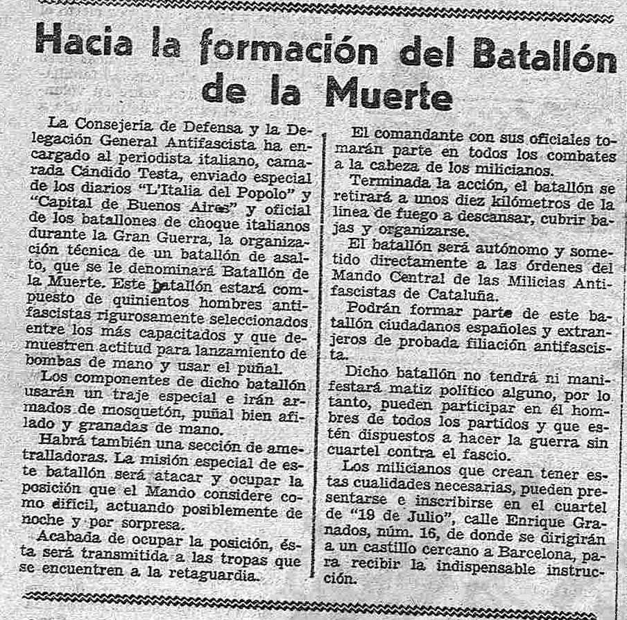 Llamada publicada en la prensa para el reclutamiento de voluntarios y voluntarias en el Batallón de la Muerte