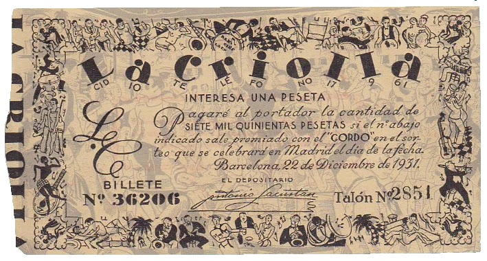 Lotería vendida por La Criolla (diciembre de 1931) entre sus clientes