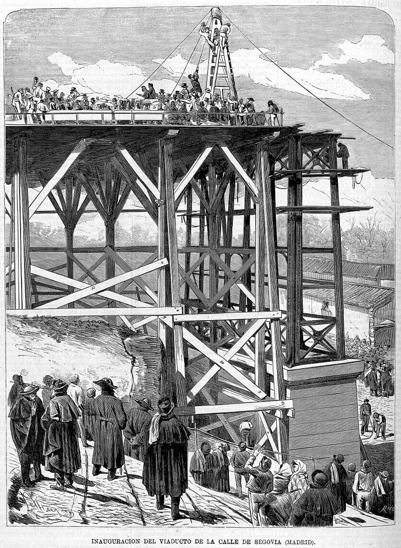 Construcción del viaducto original, en 1872, grabado publicado en La Ilustración Española 