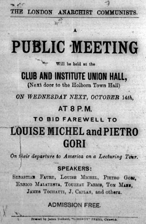 Mitin anarquista en Londres, con la participación de Malatesta, Sébastien Faure o Louise Michel, entre otros
